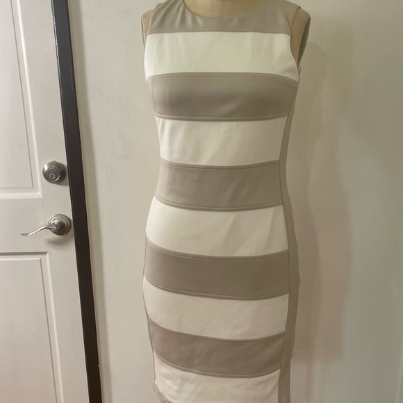 Calvin Klein Cream and Taupe Scuba Color Block Knee Dress - Picture 5 of 10